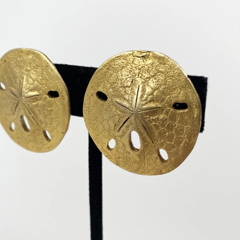 Vintage Sand Dollar Gold-Tone Metal Signed Clip-On Earrings by "Marianna"